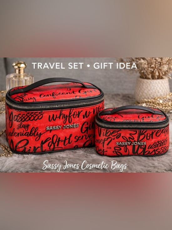 Sassy Jones Handbags - Sassy Jones Red Script Cosmetic Case with Metal Logo